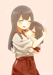 Rule 34 | 10s, 2girls, = =, akagi (kancolle), black hair, blush, carrying, chibi, commentary, cowboy shot, dual persona, eyebrows, closed eyes, hair between eyes, hakama, hakama short skirt, hakama skirt, headpat, heart, hip vent, ina (1813576), japanese clothes, kantai collection, long hair, multiple girls, shaded face, simple background, skirt, smile, straight hair, tasuki, twitter username, zzz