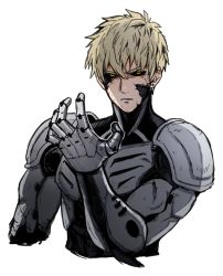 Rule 34 | 1boy, 723 (tobi), bad id, bad pixiv id, black sclera, blonde hair, colored sclera, cyborg, damaged, genos, looking at viewer, male focus, one-punch man, short hair, solo, trocco, upper body, white background, yellow eyes