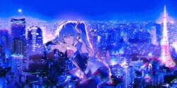 1girl bare_shoulders black_sleeves blue_eyes blue_hair blue_theme building caicried cityscape commentary detached_sleeves full_moon giant giantess glitch grey_shirt hair_ornament half-closed_eyes hatsune_miku headphones highres horizon leaning_on_object long_hair looking_to_the_side miniskirt moon night parted_lips real_world_location shirt sitting skirt skyscraper sleeveless sleeveless_shirt solo teikoku_shoujo_(vocaloid) tokyo_(city) tokyo_tower twintails urban vocaloid