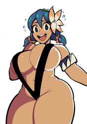 Rule 34 | 1girl, armband, blue hair, breasts, dark skin, dark-skinned female, female focus, flower, flower on head, gerard burn, highres, indivisible, large breasts, leilani, slingshot swimsuit, solo, swimsuit, thick thighs, thighs, twintails