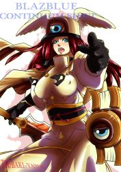 Rule 34 | 1girl, arc system works, bad id, bad pixiv id, black gloves, blazblue, blazblue: continuum shift, blue eyes, breasts, character name, copyright name, covered erect nipples, gloves, hat, head wings, highres, large breasts, long hair, military, military uniform, open mouth, pointing, pointing forward, red hair, sash, short sword, solo, sword, tsubaki yayoi, uniform, weapon, wings