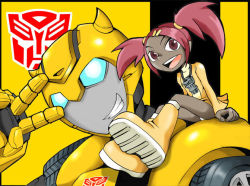Rule 34 | 1boy, 1girl, android, autobot, blue eyes, boots, bumblebee, dark skin, dress, glowing, glowing eyes, hair ornament, hairclip, humanoid robot, insignia, kamizono (spookyhouse), machine, machinery, mecha, open mouth, red eyes, red hair, robot, sari sumdac, science fiction, short twintails, smile, transformers, transformers animated, twintails