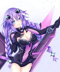 Rule 34 | 1girl, blue eyes, blush, braid, breasts, cleavage, closed mouth, commentary request, cowboy shot, gloves, hair between eyes, hair ornament, highres, holding, holding sword, holding weapon, kumari7, long hair, looking at viewer, neptune (series), power symbol, power symbol-shaped pupils, purple hair, purple heart (neptunia), smile, solo, sword, symbol-shaped pupils, twin braids, weapon