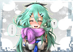 Rule 34 | 10s, 1girl, ^ ^, between breasts, black ribbon, blue neckerchief, blush, breasts, closed eyes, commentary request, detached sleeves, enpera, closed eyes, green hair, hair between eyes, hair ornament, hair ribbon, hairclip, kantai collection, konoshige (ryuun), large breasts, long hair, neckerchief, ponytail, purple scarf, ribbon, scarf, school uniform, serafuku, solo, speech bubble, translated, upper body, yamakaze (kancolle)
