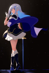 Rule 34 | 1girl, absurdres, blue footwear, blue jacket, cape, closed mouth, colored inner hair, full body, gloves, gohan (gohanchang), grey hair, hair ornament, hand up, high heels, highres, jacket, lize helesta, long hair, looking at viewer, looking back, multicolored hair, nijisanji, purple eyes, sidelocks, skirt, smile, solo, sparkle, sword, textless version, virtual youtuber, walking, weapon, white gloves, white skirt