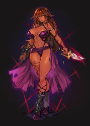 Rule 34 | 1girl, arm strap, arm tattoo, armor, bikini armor, boots, breasts, brown hair, covered erect nipples, dark-skinned female, dark skin, female focus, full body, gauntlets, gluteal fold, greaves, gurimjang, highleg, highres, holding, holding sword, holding weapon, huge breasts, large breasts, leg tattoo, crossed legs, lips, long hair, looking at viewer, navel, original, purple footwear, revealing clothes, short sword, showgirl skirt, single gauntlet, solo, standing, sword, tattoo, thigh gap, toned, warrior, weapon, yellow eyes