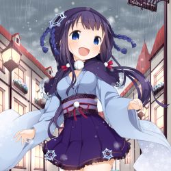 Rule 34 | 1girl, :d, blue eyes, bow, hair bow, hair ornament, hair ribbon, hood, japanese clothes, kidatsu! dungeons lord, kimono, kimono skirt, long hair, low twintails, muku (muku-coffee), official art, open mouth, pleated skirt, purple hair, rain, ribbon, skirt, smile, solo, twintails