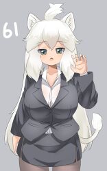 Rule 34 | 1girl, ahoge, alternate costume, animal ear fluff, animal ears, black jacket, black skirt, blazer, blush, breasts, brown pantyhose, buttons, collared shirt, commentary request, cowboy shot, grey eyes, highres, jacket, kemono friends, large breasts, lets0020, lion ears, lion girl, lion tail, long hair, long sleeves, looking at viewer, medium bangs, numbered, office lady, open mouth, pantyhose, pencil skirt, shirt, simple background, skirt, solo, tail, white hair, white lion (kemono friends), white shirt