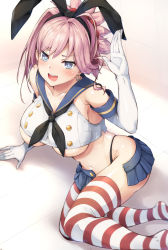 Rule 34 | 1girl, anchor, anchor earrings, asymmetrical hair, black neckerchief, black panties, blue eyes, blue skirt, blush, breasts, collarbone, cosplay, earrings, elbow gloves, fate/grand order, fate (series), gloves, highleg, highleg panties, highres, jewelry, kantai collection, large breasts, miyamoto musashi (fate), neckerchief, open clothes, open mouth, open skirt, panties, pink hair, pleated skirt, sailor collar, sakura ayane, samoore, school uniform, serafuku, shimakaze (kancolle), shimakaze (kancolle) (cosplay), skirt, sleeveless, solo, striped clothes, striped thighhighs, tearing up, tears, thighhighs, underboob, underwear, voice actor connection, white gloves