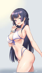 Rule 34 | 1girl, :d, bikini, black hair, braid, breasts, cleavage, contrapposto, cowboy shot, finger to mouth, from side, front-tie bikini top, front-tie top, grey background, highleg, highleg bikini, highres, large breasts, long hair, multi-strapped bikini, navel, open mouth, original, purple eyes, serin199, side braid, sideboob, simple background, smile, solo, swimsuit, wading, wet, wristband