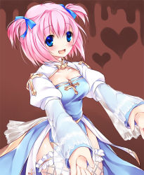 Rule 34 | 1girl, arch bishop (ragnarok online), blue eyes, blush, breasts, female focus, fishnet thighhighs, fishnets, frilled thighhighs, frills, heart, looking at viewer, open mouth, outstretched arms, pink hair, ragnarok online, short hair, short twintails, smile, solo, sorai shin&#039;ya, thighhighs, twintails
