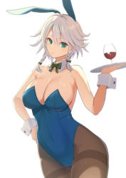 Rule 34 | 1girl, absurdres, alcohol, alternate costume, amisu, animal ears, aqua eyes, bare shoulders, blue dress, blue eyes, bow, bowtie, braid, breasts, brown pantyhose, buttons, commentary request, dress, eyes visible through hair, fake animal ears, glass, green bow, green bowtie, grey hair, hair between eyes, hair bow, hand on own hip, hand up, highres, izayoi sakuya, large breasts, leotard, looking at viewer, open mouth, pantyhose, playboy bunny, rabbit ears, short hair, simple background, smile, solo, standing, touhou, tray, twin braids, white background, wine, wrist cuffs