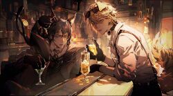 2boys absurdres alcohol ambience_synesthesia animal_ears arknights bar_(place) belt black_collar black_gloves blonde_hair blue_eyes brown_belt brown_hair brown_jacket brown_necktie brown_pants brown_vest cain-kaslana cat cat_boy cat_ears cat_tail chinese_commentary christine_(arknights) closed_mouth collar collared_shirt commentary_request commission cup dog_ears dog_tail eyewear_on_head gloves hair_between_eyes highres holding holding_cup jacket leaning_forward looking_at_object male_focus messy_hair multiple_boys multiple_tails necktie pants phantom_(ambience_synesthesia)_(arknights) phantom_(arknights) shirt sitting smile sparkle standing sunglasses suspenders table tail teeth tequila_(arknights) two_tails vest white_shirt yaoi