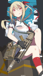 Rule 34 | 10s, 1girl, 2016, :p, absurdres, aosora kamiya, assault rifle, black gloves, blonde hair, boots, bra, breasts, cleavage, elf, fn scar, gloves, gun, hair ribbon, highres, leg up, long hair, looking at viewer, medium breasts, original, outdoors, pointy ears, ponytail, red bra, red eyes, ribbon, rifle, see-through, shorts, sitting, solo, suppressor, tongue, tongue out, underwear, weapon