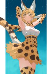 Rule 34 | 1girl, animal ear fluff, animal ears, armpits, arms behind head, arms up, bare shoulders, belt, blonde hair, bow, bowtie, breasts, cat ears, cat girl, cat tail, commentary, cowboy shot, elbow gloves, extra ears, frilled skirt, frills, gloves, hair between eyes, high-waist skirt, highres, kemono friends, medium breasts, night, night sky, print bow, print bowtie, print gloves, print skirt, print thighhighs, serval (kemono friends), serval print, shirt, short hair, sidelocks, skirt, sky, sleeveless, sleeveless shirt, solo, star (sky), tail, tanabe (fueisei), thighhighs, white shirt, yellow eyes, zettai ryouiki