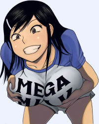 Rule 34 | 1girl, absurdres, black eyes, black hair, breast hold, breasts, breasts squeezed together, clothes writing, colorized, cross-eyed, eyebrows, eyelashes, fang, grabbing, grabbing another&#039;s breast, grabbing own breast, grin, hair ornament, hairclip, highres, hinnyuu kyonyuu history, huge breasts, leaning forward, long hair, matching hair/eyes, mega milk, meme attire, original, raglan sleeves, shiden akira, shirt, shorts, simple background, smile, solo, t-shirt, teeth, white background