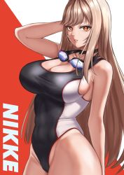 Rule 34 | 1girl, arm behind back, arm behind head, black one-piece swimsuit, breasts, cameltoe, cleavage, competition swimsuit, copyright name, cowboy shot, fujita ichi, goddess of victory: nikke, goggles, goggles around neck, highleg, highleg swimsuit, highres, large breasts, light brown hair, long hair, looking at viewer, official alternate costume, one-piece swimsuit, orange eyes, parted lips, rapi (classic vacation) (nikke), rapi (nikke), sideboob, solo, swimsuit, white one-piece swimsuit
