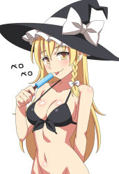 Rule 34 | 1girl, bikini, bikini top only, black bikini, blonde hair, blush, bow, braid, breasts, food, front-tie bikini top, front-tie top, hair bow, hair ornament, hat, hat ribbon, highres, itawa sa, kirisame marisa, long hair, looking at viewer, navel, out-of-frame censoring, popsicle, ribbon, seductive smile, side braid, simple background, single braid, smile, solo, swimsuit, text focus, toned, tongue, tongue out, touhou, upper body, white background, witch hat, yellow eyes