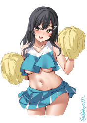 Rule 34 | 1girl, alternate costume, bare shoulders, black hair, breasts, cheerleader, collarbone, cowboy shot, crop top, crop top overhang, cropped legs, ebifurya, hair between eyes, hair ornament, highres, holding, holding pom poms, kantai collection, long hair, looking at viewer, medium breasts, midriff, miniskirt, navel, one-hour drawing challenge, open mouth, oyashio (kancolle), pleated skirt, pom pom (cheerleading), pom poms, skirt, smile, sweat, sweatdrop, twitter username, underboob, white background, yellow eyes