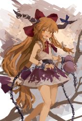 Rule 34 | 1girl, absurdres, bare shoulders, blue ribbon, bow, branch, chain, cuffs, feet out of frame, gourd, hair bow, hair ribbon, highres, holding, horn ornament, horn ribbon, horns, ibuki suika, light blush, long hair, looking at viewer, low-tied long hair, low tied hair, nail polish, neckerchief, oni, oni horns, open mouth, orange eyes, orange hair, purple nails, purple skirt, red bow, red neckerchief, reddizen, ribbon, shackles, shirt, sidelocks, skirt, sleeveless, sleeveless shirt, solo, standing, teeth, torn clothes, torn sleeves, touhou, upper teeth only, very long hair, white ribbon, white shirt, wrist cuffs