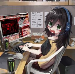 absurdres computer crying crying_with_eyes_open energy_drink highres kagana_helsuki kuroki_tomoko looking_at_viewer monitor monobloc_(chair) monster_energy scared tears watashi_ga_motenai_no_wa_dou_kangaetemo_omaera_ga_warui! youtube