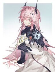 Rule 34 | 1girl, arknights, arm support, armor, black dress, border, commentary, cowboy shot, dress, flower, frown, gradient background, grey background, highres, holding, holding flower, horns, long sleeves, looking to the side, pink eyes, pink hair, shiba257, shorts, shoulder armor, solo, theresa (arknights), two-tone dress, white dress