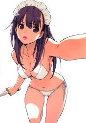 Rule 34 | 1girl, armpits, bikini, breasts, brown eyes, brown hair, face, foreshortening, halterneck, headdress, highres, holding, holding sword, holding weapon, knife, large breasts, leaning forward, lips, lipstick, long hair, looking at viewer, maid headdress, makeup, morisawa haruyuki, original, outstretched arm, pov, purple eyes, side-tie bikini bottom, simple background, solo, swimsuit, sword, weapon, white background