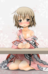 Rule 34 | 1girl, bad id, bad pixiv id, bare shoulders, blush, breast slip, breasts, brown eyes, brown hair, collarbone, cup, detached sleeves, flat chest, hair ornament, hairclip, hidamari sketch, highres, japanese clothes, kimono, looking at viewer, nipple slip, nipples, off shoulder, one breast out, open mouth, pink background, short hair, sitting, solo, table, wariza, yoshitani motoka, yuno (hidamari sketch)