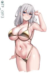 Rule 34 | 1girl, absurdres, alternate costume, bikini, blue eyes, blush, breasts, collarbone, commentary request, cowboy shot, gold bikini, grey hair, hair between eyes, highres, kantai collection, kashima (kancolle), large breasts, long hair, looking at viewer, navel, one-hour drawing challenge, shiny swimsuit, simple background, smile, solo, swimsuit, tf cafe, twintails, twitter username, wavy hair, white background