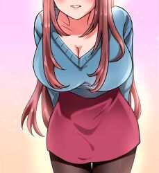 Rule 34 | 1girl, breasts, cleavage, large breasts, long hair, romcom manga lab, skirt, sweater, third-party edit