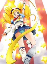 Rule 34 | 10s, 1girl, :d, alternate form, amida desuyo, arm up, blonde hair, blue panties, blue skirt, boots, brooch, cure honey, cure honey (popcorn cheer), from below, full body, gymnastics ribbon, happinesscharge precure!, heart, heart brooch, highres, jewelry, knee boots, long hair, magical girl, oomori yuuko, open mouth, panties, pantyshot, polka dot, polka dot panties, precure, puffy sleeves, skirt, smile, solo, star (symbol), striped, striped background, twintails, underwear, upskirt, wrist cuffs, yellow eyes