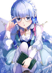 Rule 34 | 1girl, 310setsu, adjusting eyewear, ayaka (genshin impact), bespectacled, blue eyes, blue hair, blunt bangs, blunt tresses, blush, book, boots, braid, brown footwear, butterfly hair ornament, commentary, cross-laced footwear, crossed legs, feet out of frame, flower, genshin impact, glasses, hair flower, hair ornament, hand up, hat, hat ribbon, highres, holding, holding book, kamisato ayaka, kamisato ayaka (springbloom missive), knee boots, light blue hair, long sleeves, mole, mole under eye, official alternate costume, official alternate hairstyle, open mouth, puffy long sleeves, puffy sleeves, ribbon, round eyewear, signature, simple background, sitting, solo, white background