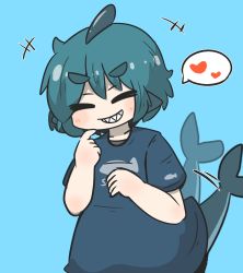Rule 34 | +++, 1girl, afterimage, alternate hair length, alternate hairstyle, blue hair, blue shirt, blush, closed eyes, collarbone, commentary request, facing viewer, fins, fish tail, fuka-chan, grin, hair between eyes, hand up, heart, highres, looking at viewer, original, shark tail, sharp teeth, shirt, short eyebrows, short sleeves, smile, solo, speech bubble, spoken heart, tail, tail wagging, teeth, thick eyebrows, uni souchou