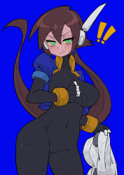 Rule 34 | 1girl, absurdres, aile (mega man zx), black bodysuit, blue background, blue jacket, blush, bodysuit, bodysuit under clothes, breasts, brown hair, buzzlyears, commentary, covered collarbone, covered navel, cropped jacket, fang, glowing, green eyes, highres, jacket, large breasts, long hair, looking at viewer, mega man (series), mega man zx, mega man zx advent, no pants, open clothes, open jacket, ponytail, robot ears, shorts, simple background, solo, sweat, unworn shorts, wet