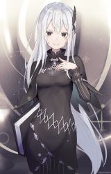 Rule 34 | black dress, blush, book, breasts, brown eyes, butterfly hair ornament, colored eyelashes, commentary request, cowboy shot, dress, echidna (re:zero), gradient background, grey background, hair ornament, hand on own chest, highres, holding, holding book, isegawa yasutaka, long hair, long sleeves, parted lips, re:zero kara hajimeru isekai seikatsu, silver hair, small breasts, smile, solo, sparkle, v-shaped eyebrows, very long hair