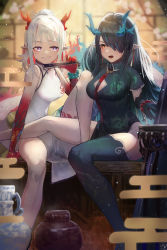 Rule 34 | 2girls, architecture, arknights, bannouyakunta, bare legs, bead bracelet, beads, black dress, black gloves, black hair, black legwear, blue hair, blurry, blurry background, blush, bracelet, braid, branch, breasts, china dress, chinese clothes, cleavage cutout, clothing cutout, collared dress, colored skin, commentary, covered navel, cowboy shot, dragon horns, dragon tail, dress, dusk (arknights), earrings, east asian architecture, egasumi, elbow gloves, fang, fire, flower, folding fan, gloves, gradient skin, grin, hair between eyes, hair over one eye, hand fan, highres, holding, holding fan, horns, jewelry, knee up, long hair, looking at another, looking to the side, medium breasts, multicolored hair, multicolored skin, multiple girls, nian (arknights), nian (unfettered freedom) (arknights), official alternate costume, open mouth, orange eyes, parted bangs, pelvic curtain, pointy ears, ponytail, pot, purple eyes, red hair, red neckwear, red skin, short sleeves, siblings, side braid, silver hair, sisters, sitting, skin fang, sleeveless, sleeveless dress, smile, streaked hair, tail, tassel, tassel earrings, teeth, thighhighs, thighs, two-tone hair, two-tone skin, vase, white dress, wing collar