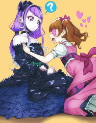 Rule 34 | 2girls, aisaki emiru, alternate costume, bare shoulders, black dress, blush, bow, brown hair, butterfly hair ornament, commentary request, dress, earrings, eyelashes, frilled dress, frills, gothic lolita, hair bow, hair ornament, hair ribbon, heart, heart-shaped eyes, highres, hugtto! precure, jewelry, lolita fashion, long hair, looking at another, multiple girls, open mouth, pink dress, precure, purple eyes, purple hair, ribbon, rikito1087, ruru amour, simple background, sitting, twintails, yellow background
