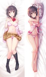 Rule 34 | 1girl, :d, absurdres, ahoge, babydoll, bare legs, barefoot, bed sheet, black hair, black socks, bow, bowtie, bra, breasts, brown eyes, brown skirt, clothes lift, commentary request, dakimakura (medium), frilled babydoll, frilled panties, frilled pillow, frills, hand on own chest, head on pillow, highres, idolmaster, idolmaster cinderella girls, kneehighs, kohinata miho, looking at viewer, loose clothes, lying, medium breasts, multiple views, navel, no pants, no shoes, off shoulder, on back, on bed, on side, open clothes, open mouth, open shirt, panties, pillow, pink bow, pink bra, pink check school, pink panties, pink shirt, plaid, plaid skirt, red neckwear, shiny skin, shirt, short hair, skirt, skirt lift, smile, socks, strap slip, u rin, underwear, unfastened, unzipped, white babydoll, white panties