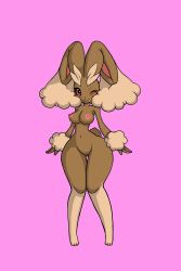 Rule 34 | 1girl, absurdres, animal ears, animal hands, black eyes, blush, breasts, colored sclera, creatures (company), feet, full body, furry, furry female, game freak, gen 4 pokemon, highres, kewon, large breasts, looking at viewer, lopunny, navel, nintendo, nipples, no pussy, one eye closed, pink background, pink sclera, pokemon, pokemon (creature), pokemon dppt, rabbit ears, rabbit tail, simple background, smile, solo, standing, tail, teeth, thigh gap, wide hips, wink