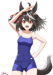 Rule 34 | 1girl, ahoge, animal ears, arm up, bare shoulders, black hair, blue one-piece swimsuit, breasts, gluteal fold, hair between eyes, hair ornament, hand on own hip, highres, horse ears, horse girl, horse tail, kitasan black (umamusume), medium breasts, multicolored hair, one-piece swimsuit, open mouth, red eyes, short hair, signature, smile, solo, streaked hair, swimsuit, t2r, tail, tassel, tassel hair ornament, teeth, thighs, tracen swimsuit, umamusume, upper teeth only, white background, white hair