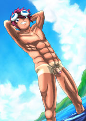 Rule 34 | 00s, 1boy, cloud, digimon, digimon adventure 02, dutch angle, flaccid, goggles, grin, small penis, looking at viewer, male focus, motomiya daisuke, muscular, outdoors, penis, sky, smile, solo, tan, tanline, uncensored