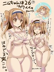 Rule 34 | 1girl, ^ ^, bikini, blush, bow, breasts, brown eyes, brown hair, cleavage, closed eyes, cosplay, grabbing own breast, hairband, hand under clothes, hat, hitsuji takako, i-26 (kancolle), kantai collection, large breasts, light brown hair, long hair, navel, open mouth, sailor bikini, sailor collar, sailor hat, smile, solo, swimsuit, text focus, translation request, two-tone hairband, two side up, undersized clothes, white bikini, white hat, z3 max schultz (kancolle), z3 max schultz (kancolle) (cosplay)