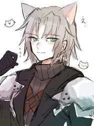 Rule 34 | 1boy, aged down, animal ears, armor, black coat, black gloves, black sweater, blush, cat, cat ears, chest strap, coat, commentary request, embarrassed, final fantasy, final fantasy vii, final fantasy vii ever crisis, flying sweatdrops, gloves, green eyes, grey hair, hand up, highres, kemonomimi mode, light smile, looking to the side, male focus, medium hair, open clothes, open coat, parted bangs, pauldrons, plamt cat, sephiroth, shoulder armor, signature, simple background, slit pupils, solo, sweater, turtleneck, turtleneck sweater, upper body