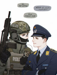 Rule 34 | 2022, 2boys, alternate universe, ammunition pouch, assault rifle, badge, balaclava, black gloves, black hair, black necktie, blue eyes, blue headwear, blue jacket, body armor, breast pocket, brown headwear, brown jacket, buckle, bundespolizei, buttons, camouflage, camouflage headwear, character name, chin strap, chinese commentary, clothes writing, collar tabs, collared shirt, combat helmet, commentary, commentary request, covered mouth, crossed arms, cursive, english commentary, from side, german commentary, german text, germany, gloves, gun, h&amp;k g36, h&amp;k g36c, handle, hat, hat ornament, headset, headwear writing, heckler &amp; koch, helmet, highres, holding, holding gun, holding weapon, insignia, jacket, lapels, load bearing vest, long sleeves, looking at another, looking to the side, luftwaffe, magazine (weapon), male focus, microphone, military, military hat, military jacket, military uniform, multiple boys, name tag, necktie, nose, notched lapels, original, parted lips, partial commentary, partially translated, bulletproof vest, pocket, police, pouch, rifle, safety glasses, shirt, short hair, signature, simple background, skyleranderton, smile, snap-fit buckle, tactical clothes, translation request, trigger discipline, turtleneck, uniform, vertical foregrip, very short hair, weapon, white background, white shirt, yellow eyes, zipper