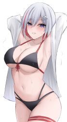 Rule 34 | 1girl, armpits, arms up, bare shoulders, bikini, black bikini, blue eyes, breasts, commentary request, cowboy shot, grey hair, grin, highres, honkai: star rail, honkai (series), large breasts, looking at viewer, multicolored hair, namikare, off shoulder, parted lips, red hair, short hair, simple background, smile, solo, standing, streaked hair, sweat, swimsuit, thigh strap, thighs, topaz (honkai: star rail), white background