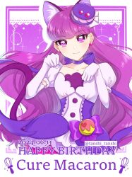 Rule 34 | 1girl, animal ears, breasts, cat ears, character name, choker, collarbone, cure macaron, dated, dress, earrings, elbow gloves, extra ears, food-themed hair ornament, gloves, hair ornament, happy birthday, heart pouch, jewelry, kirakira precure a la mode, kotozume yukari, long hair, looking at viewer, macaron hair ornament, magical girl, pom pom (clothes), pom pom earrings, precure, purple choker, purple eyes, purple hair, purple tail, ribbon choker, small breasts, smile, solo, tanshi tanshi, twitter username, upper body, very long hair, white gloves