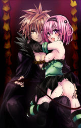 Rule 34 | 1boy, 1girl, ass, ass grab, bad id, bad pixiv id, blush, breasts, breasts out, brown eyes, brown hair, cape, clothes lift, colorized, detached sleeves, dress, dress lift, hairband, hetero, hug, manly, momo velia deviluke, nipples, no panties, open mouth, pink eyes, pink hair, short hair, short twintails, sitting, sitting on lap, sitting on person, smile, straddling, striped clothes, striped thighhighs, tail, tail grab, thighhighs, throne, to love-ru, twintails, two side up, yabuki kentarou, yuuki rito