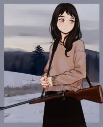 Rule 34 | 1girl, averting eyes, black hair, black skirt, blue eyes, blush, bolt action, chainsaw man, clothing request, cloud, cloudy sky, gun, gun sling, io (onisarashi), left-handed gun, long hair, looking to the side, mauser 98, mole, mole on cheek, mole under eye, outside border, own hands together, remington model 700, rifle, santa claus (chainsaw man), skirt, sky, sling (weapon), sniper rifle, snow, sweater, tree, weapon