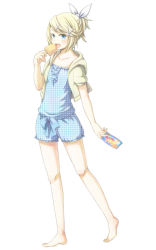 Rule 34 | 1girl, barefoot, blonde hair, blue eyes, blush, bow, courreges ace, cropped jacket, eating, female focus, food, full body, hair bow, hair ornament, hairclip, kagamine rin, legs, open mouth, polka dot, popsicle, shorts, simple background, solo, standing, vocaloid, white background