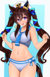 Rule 34 | 1girl, :3, animal ears, bare shoulders, bikini, blue nails, blush, breasts, brown hair, character name, commentary request, ear covers, hair between eyes, hat, highres, horse ears, horse girl, horse tail, long hair, looking at viewer, m172/minatsu, medium breasts, multicolored hair, nail polish, navel, open mouth, peaked cap, smile, solo, streaked hair, swimsuit, tail, twintails, umamusume, very long hair, vivlos (umamusume), white bikini, white hair, white hat